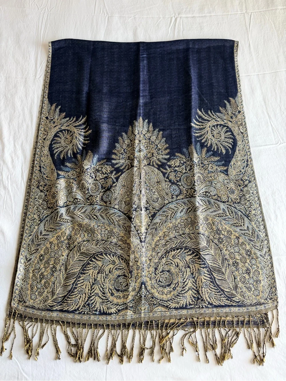 Navy and Gold Paisley Fringed Wrap